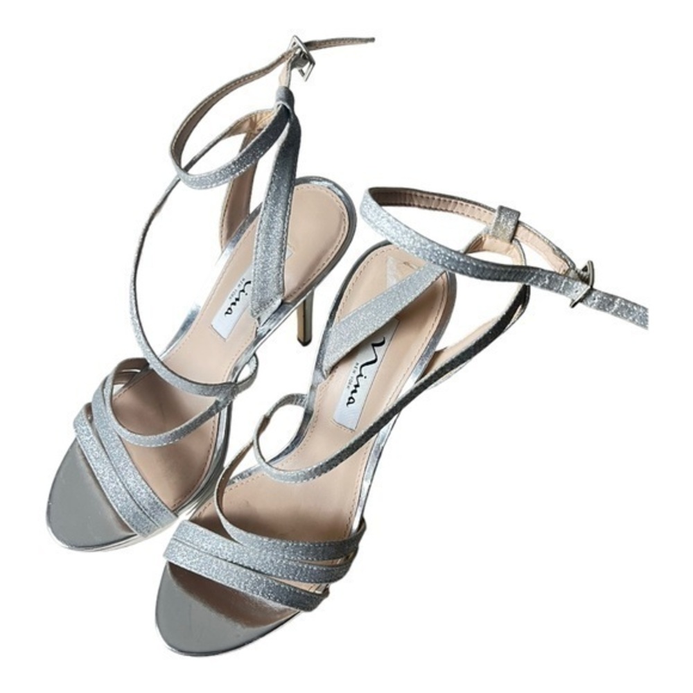 Nina New York Silver Shimmer Strappy Heels Sandals Size 7.5M